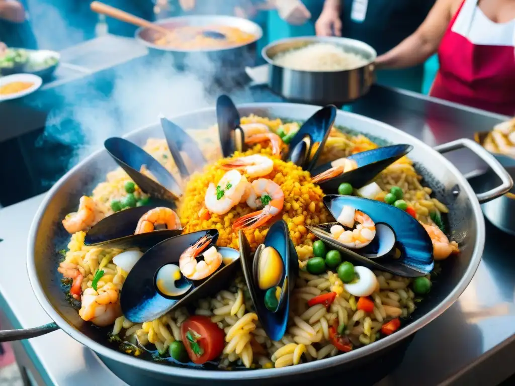 Paella de Marisco en Mercado Costero Una paella de mariscos colorida frente a un mercado costero bullicioso