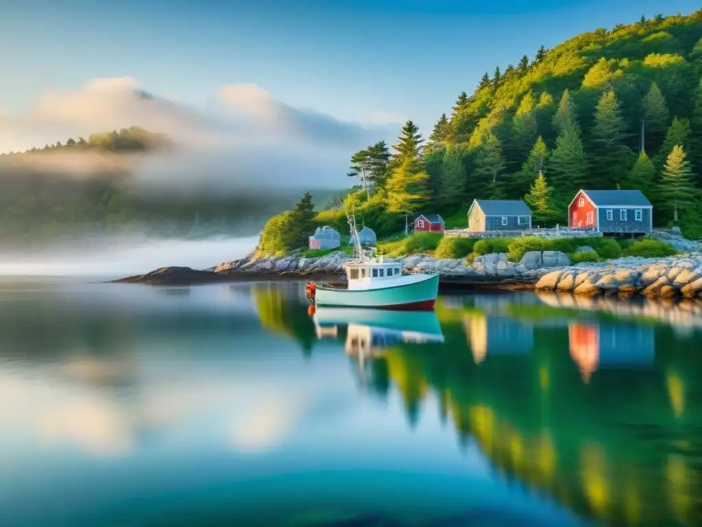 Paisaje costero en Maine al amanecer Paisaje costero en Maine durante el amanecer con barcos de pesca y pescador solitario