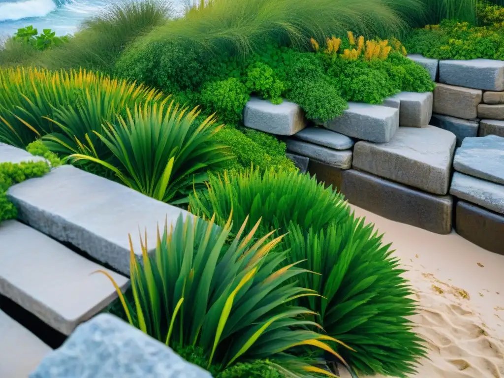 Costa tropical: vegetación exuberante frente al mar Un paisaje costero armonioso con vegetación exuberante y muros de piedra