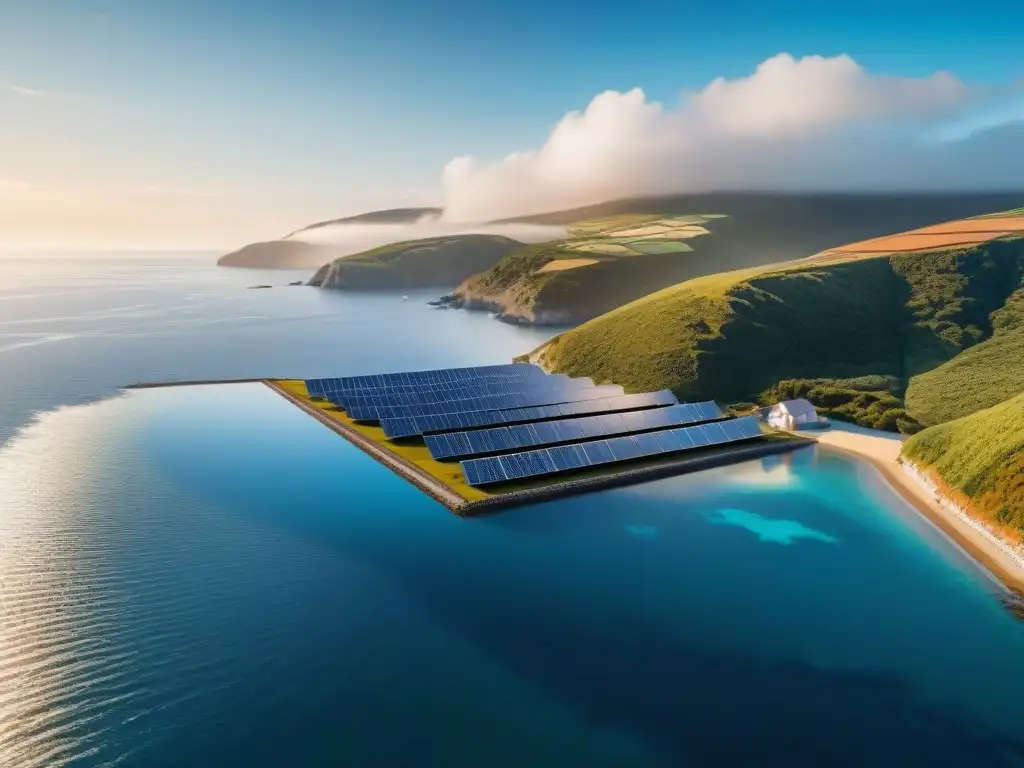 Armonía solar en paisaje costero: modernos paneles solares en 8k Un paisaje costero armonioso con paneles solares brillantes