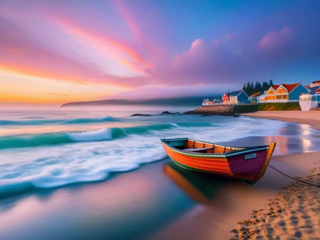 Puesta de sol en la playa: tranquilidad y finanzas a largo plazo Paisaje costero al atardecer con barco, gaviotas y pueblo pintoresco
