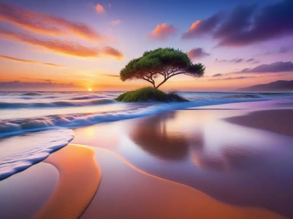 Costa dorada al atardecer: Detalles vibrantes y serenidad Paisaje costero al atardecer con colores vibrantes y una palmera solitaria