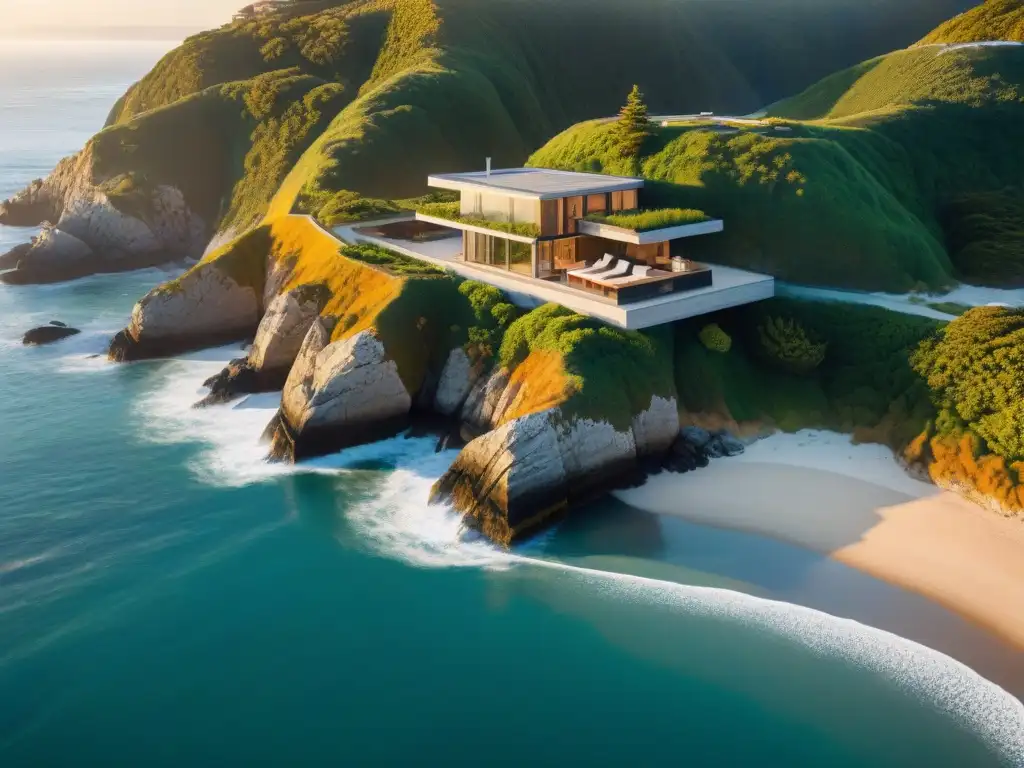 Paisaje costero ecoamigable al atardecer Un paisaje costero al atardecer con construcciones ecoamigables integradas en armonía