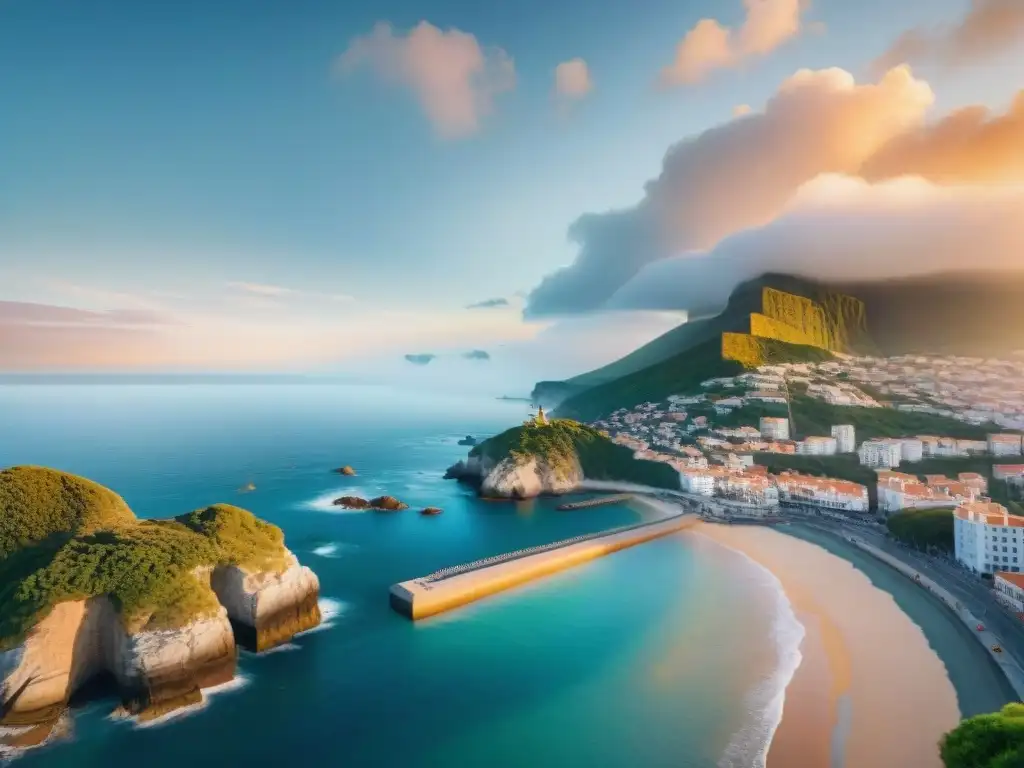 Horizonte costero al atardecer: fusión moderna y tradicional Paisaje costero al atardecer con modernos rascacielos y arquitectura tradicional