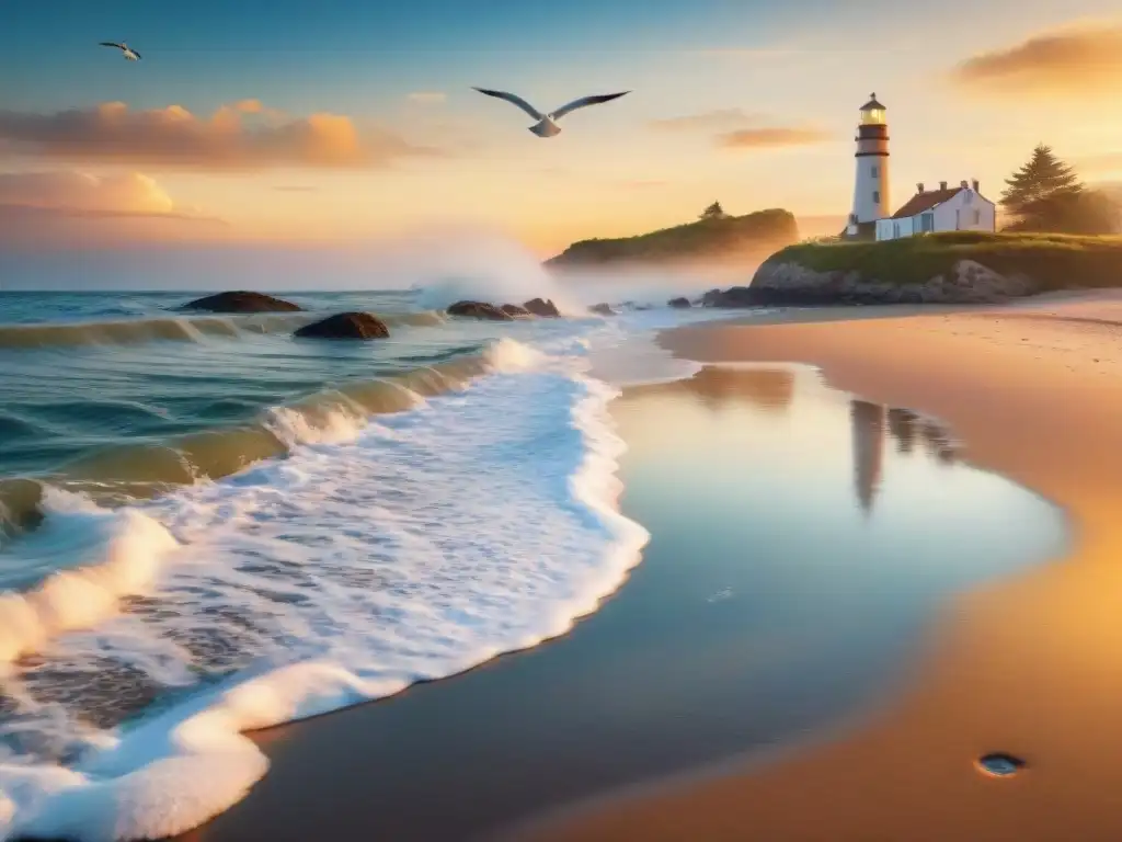 Paisaje costero al atardecer: serenidad dorada y paz marina Paisaje costero al atardecer con olas suaves, gaviotas y faro distante, transmitiendo beneficios psicológicos vida costera