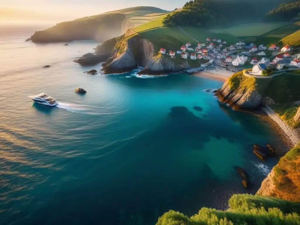 Costa escarpada al atardecer: aldeas pesqueras y olas doradas Paisaje costero al atardecer con olas, acantilados, pueblo pesquero y barcos, vida junto al mar, propiedades costeras