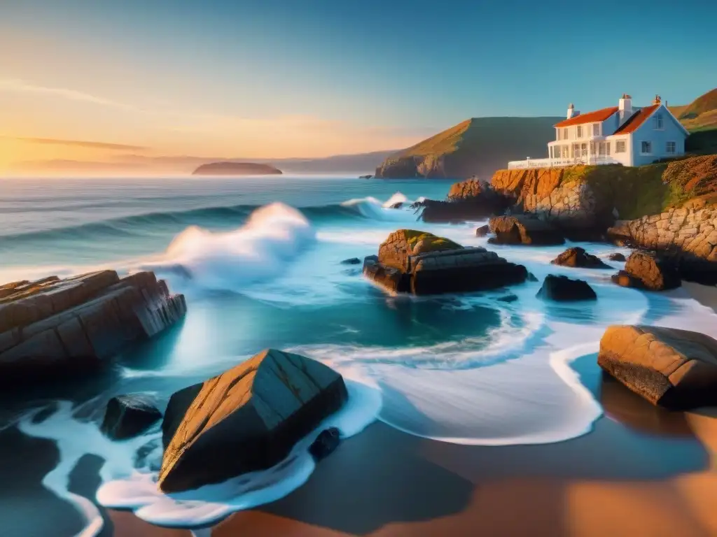 Paisaje costero al atardecer: inversión serena y cautivadora Paisaje costero al atardecer con olas suaves en la costa rocosa