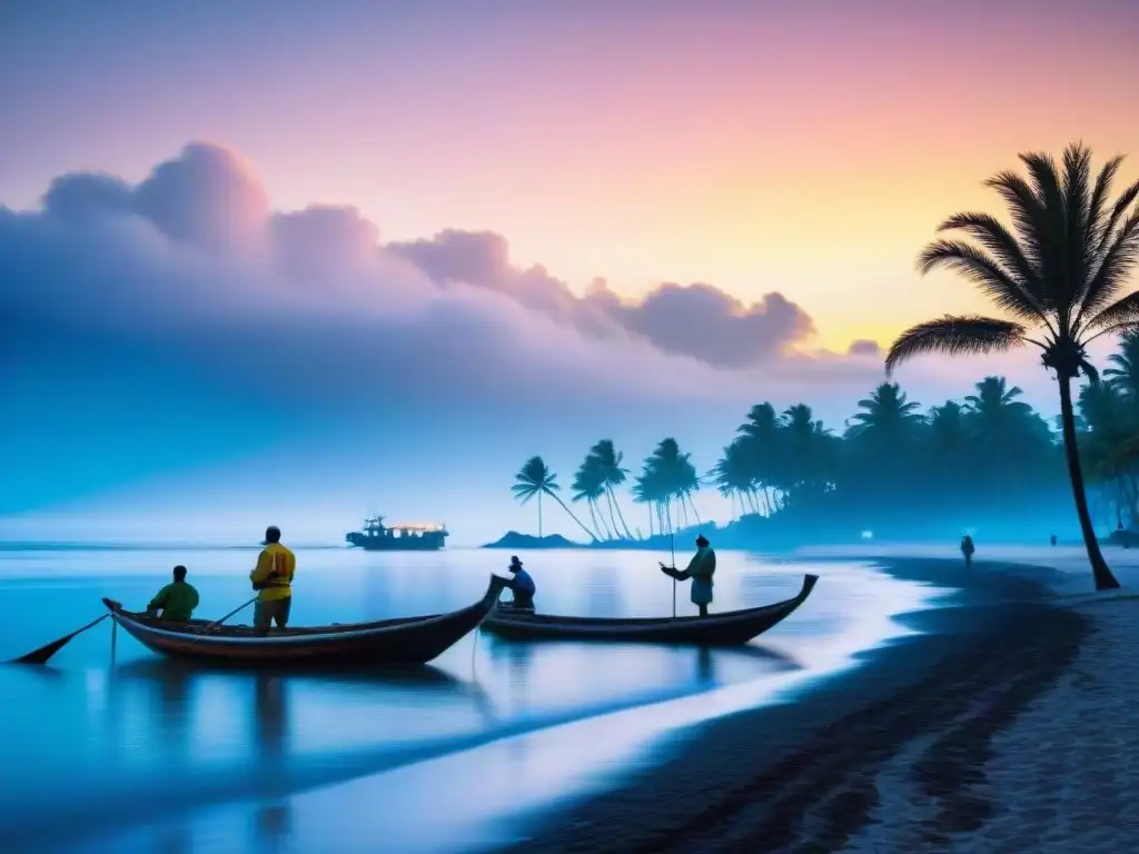 Atardecer costero: pescadores locales en acción Paisaje costero al atardecer con pescadores locales lanzando redes