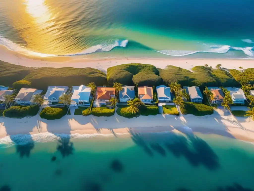 Resplandor dorado: lujo y estilo en enclave costero al atardecer Paisaje costero al atardecer con propiedades lujosas y muelles privados