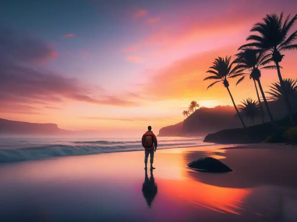 Paisaje costero al atardecer: serenidad y belleza Paisaje costero al atardecer con siluetas de palmeras y figura contemplativa en el agua