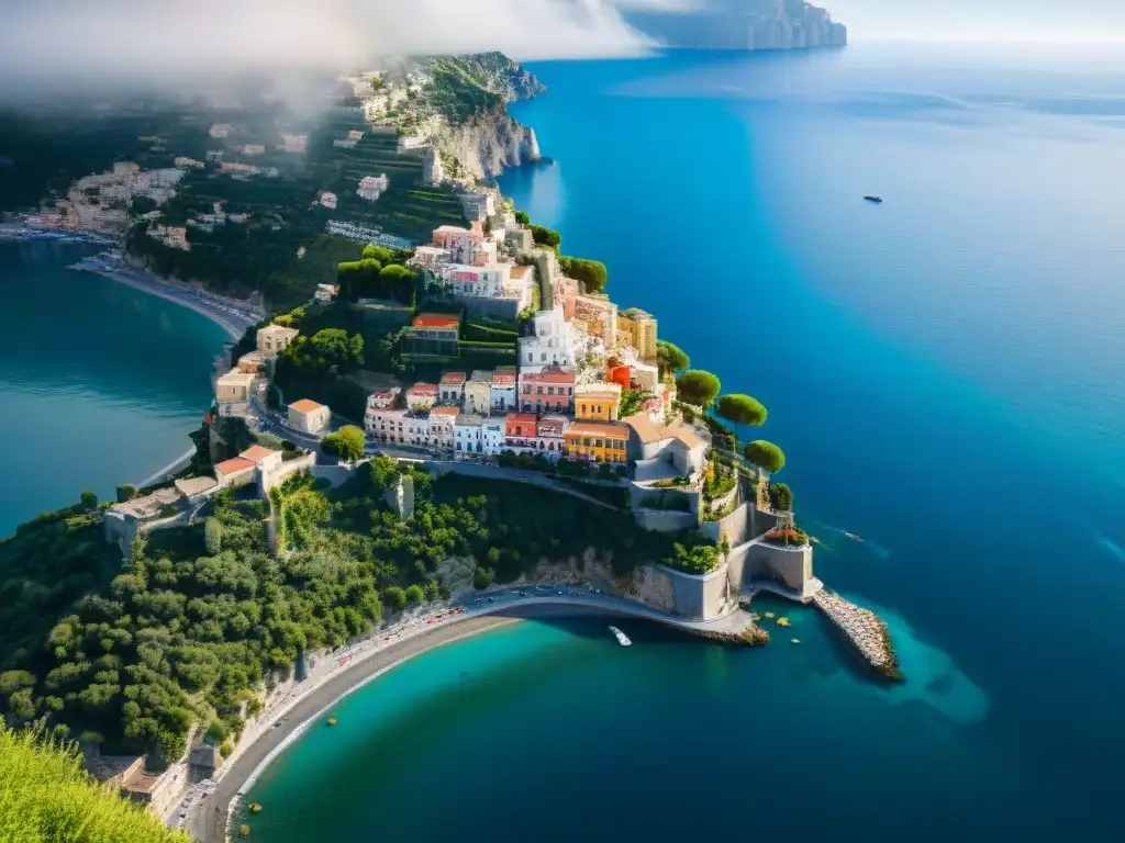 Contrastes costeros: tradición y modernidad en la Costa Amalfitana Paisaje costero de la Costa Amalfitana con propiedades tradicionales y modernas