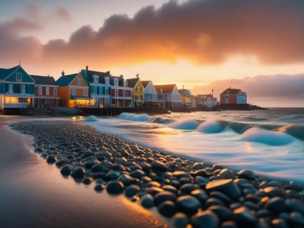 Desolación costera: pueblo inundado por el mar al atardecer Paisaje costero devastado por el aumento del nivel del mar al atardecer, promoviendo el turismo costero sostenible cambio climático
