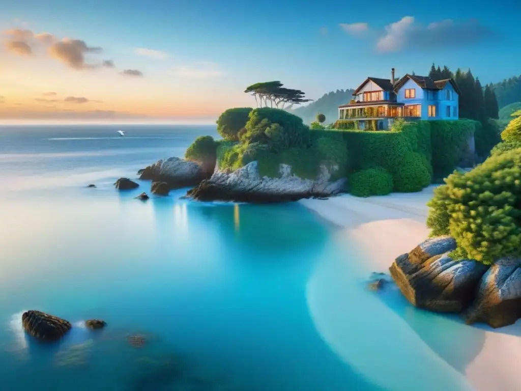 Paraíso costero: atardecer vibrante y serenidad Paisaje costero con vegetación exuberante, aguas azules y un atardecer vibrante