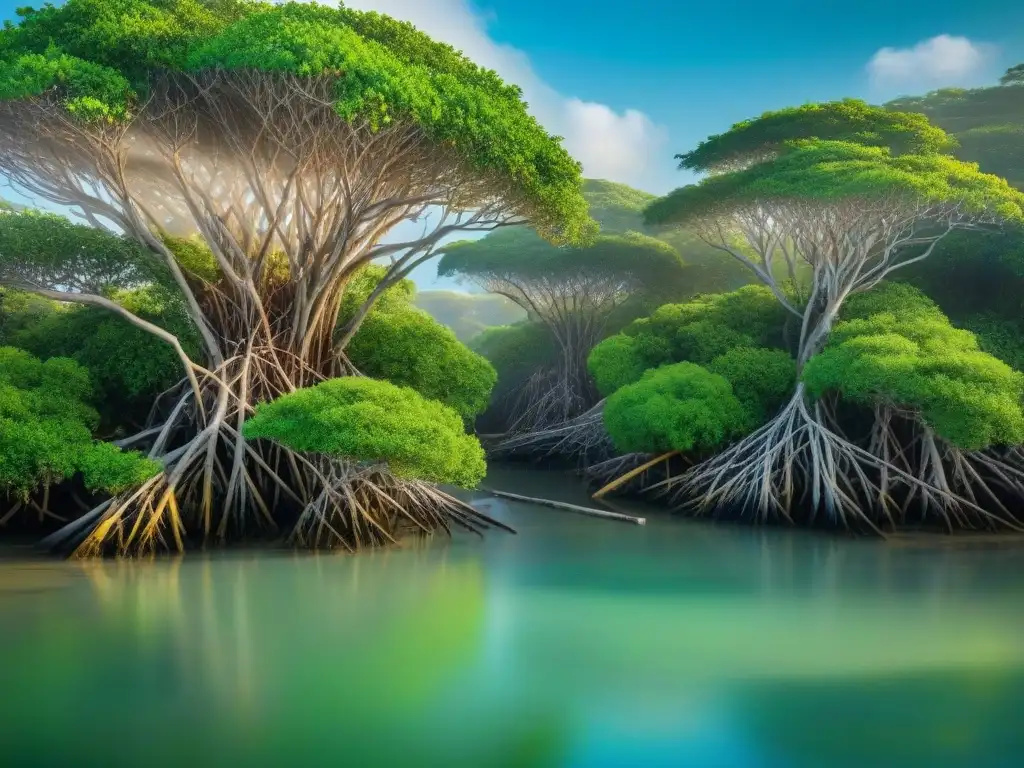 Maravillosa biodiversidad en manglar: armonía costera Un paisaje costero exuberante con diversa vida silvestre entre manglares