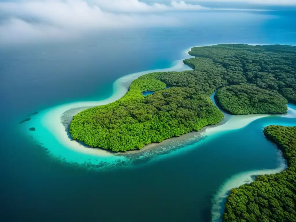 Costa tropical: encuentro entre mar y manglares exuberantes Un paisaje costero exuberante donde el mar azul se encuentra con los manglares verdes