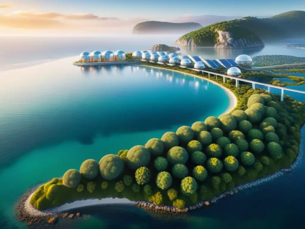 Metrópolis costera ecoinnovadora al atardecer Un paisaje costero futurista con construcción sostenible innovadora integrada, rodeado de aguas cristalinas al atardecer