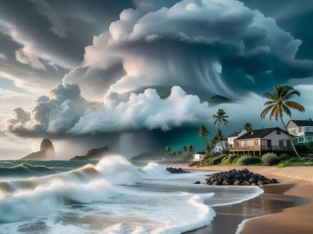Tormenta costera: impacto visual dramático y ominoso Paisaje costero impactante con tormenta, olas gigantes y casas protegidas