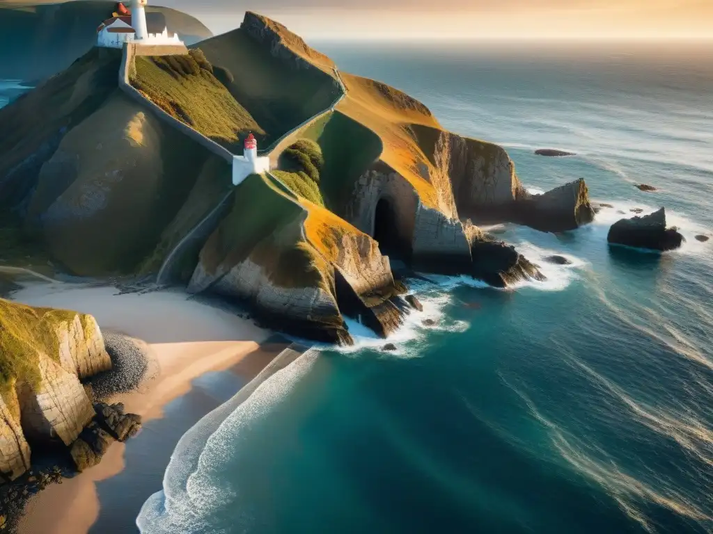 Paisaje costero al atardecer: acantilados, pueblo y faro Un paisaje costero impresionante al atardecer, con olas chocando en acantilados, pueblo costero, faro solitario