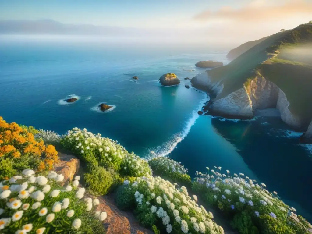 Espléndido paisaje costero: flora nativa en acantilado Paisaje costero impresionante con flora nativa y flores vibrantes en acantilado, estrategias paisajismo propiedad costera