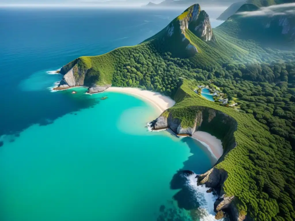 Costa salvaje: belleza natural en topografía costera Un paisaje costero impresionante donde se unen montañas verdes con aguas turquesas, perfecto para análisis de propiedad costera clima topografía