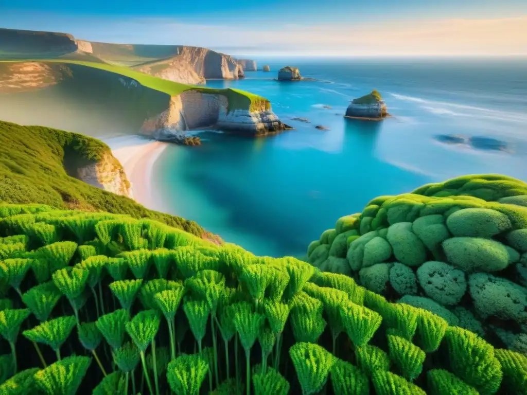 Costa serena: paisaje costero vibrante y tranquilo Un paisaje costero impresionante con plantas resistentes destacando entre la brisa marina, acantilados y el océano azul