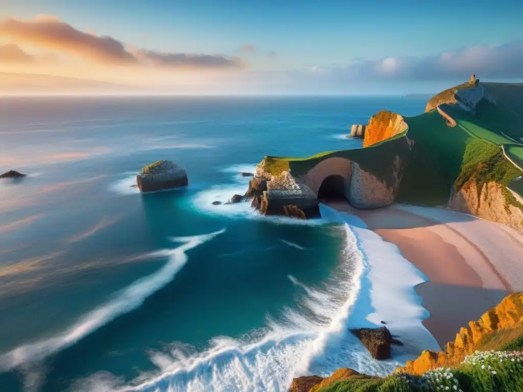 Costa dorada al atardecer: paisaje de ensueño junto al mar Un paisaje costero mágico con la luz dorada del sol, acariciando acantilados verdes y olas azules, seagulls en el cielo naranja