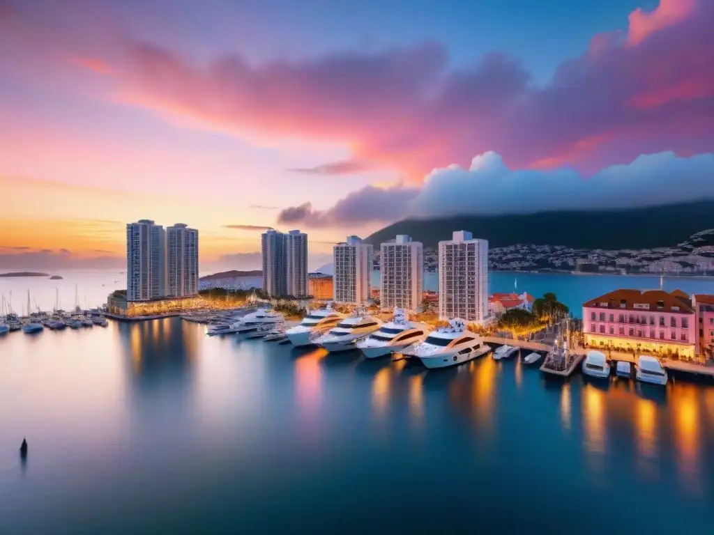 Horizonte costero: fusión urbana y marina en 8k Paisaje costero con mezcla de edificios modernos y casas tradicionales, reflejando regulaciones inmobiliarias costeras internacionales