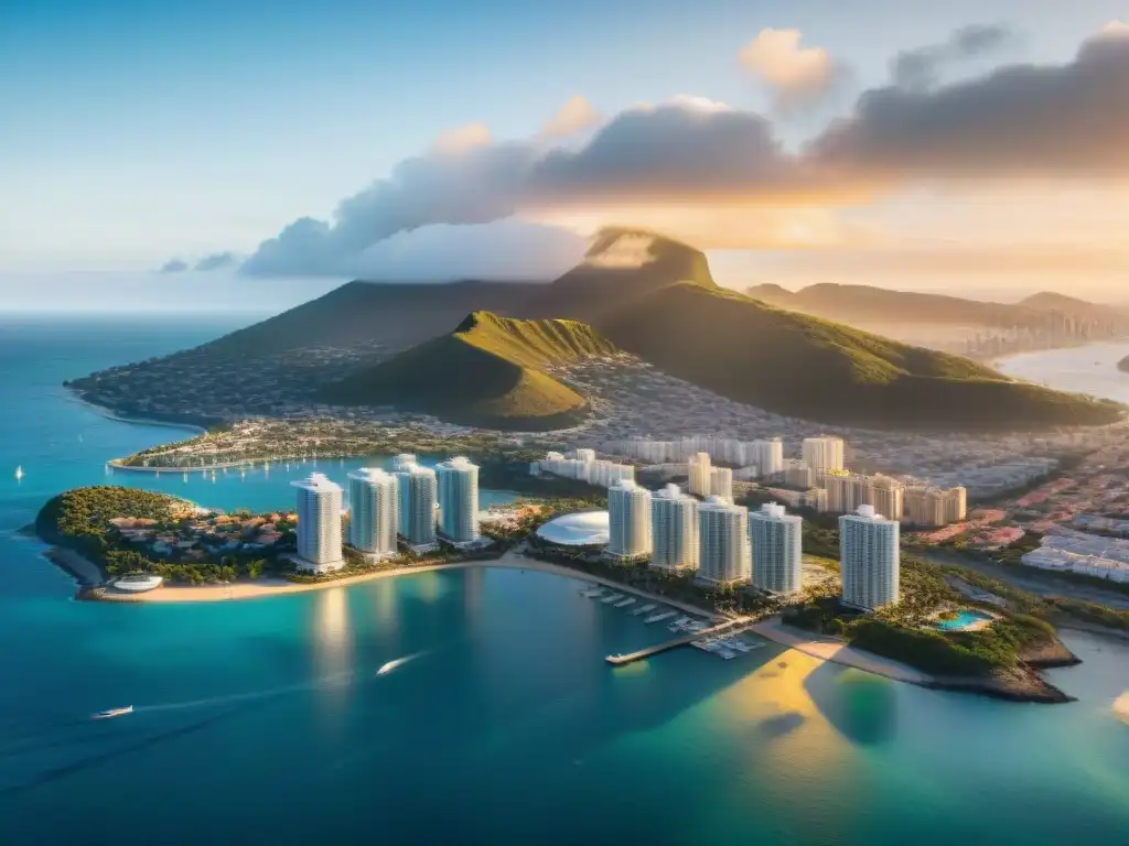 Esplendor costero: ciudad moderna frente al mar Un paisaje costero de metrópolis modernas junto al mar, reflejando crecimiento y oportunidades en REITs costeros tendencias proyecciones