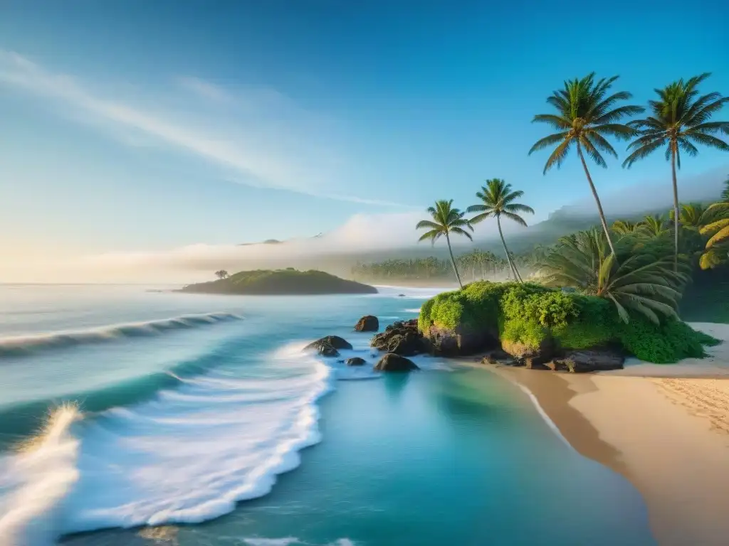 Costa virgen al amanecer: belleza natural y tranquilidad Paisaje costero al amanecer con palmeras, gaviotas y bote pesquero