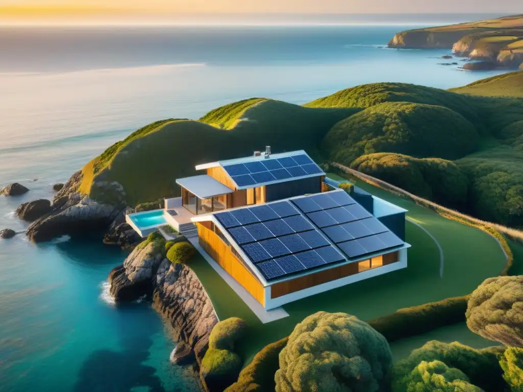 Propiedad costera ecofriendly con instalación solar integrada Un paisaje costero con paneles solares integrados armoniosamente, mostrando la perfecta unión entre sostenibilidad y belleza natural