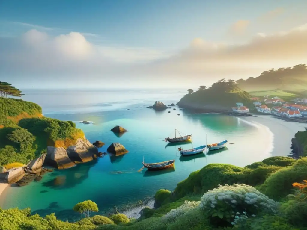 Paisaje costero al amanecer: pescadores en armonía con la naturaleza Paisaje costero al amanecer con pescadores y botes, reflejando un estilo de vida costero saludable