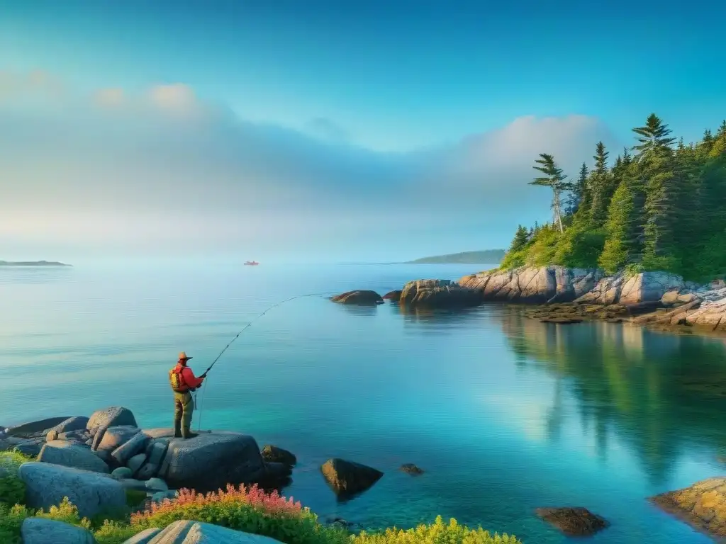 Paisaje costero en Maine: pesca y serenidad Paisaje costero en Maine con pescadores disfrutando de la pesca en la costa
