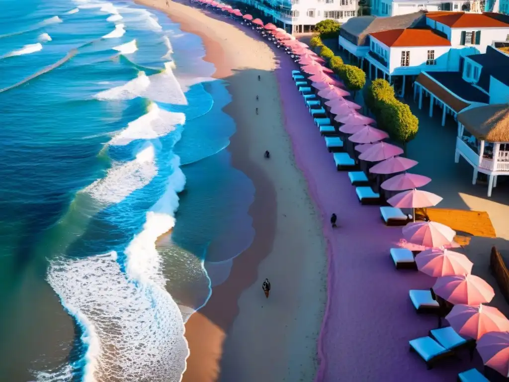 Paisaje costero al atardecer: playa vibrante y gente feliz Paisaje costero con playa, sombrillas coloridas, gente en el paseo marítimo y atardecer pintoresco