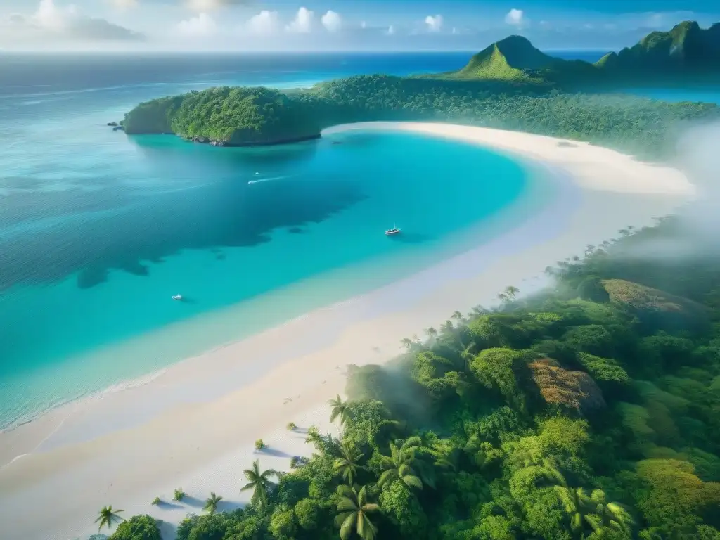 Paraíso costero: playa dorada y aves tropicales en armonía Un paisaje costero prístino con playa dorada, aguas turquesas, bosque verde y aves tropicales en vuelo