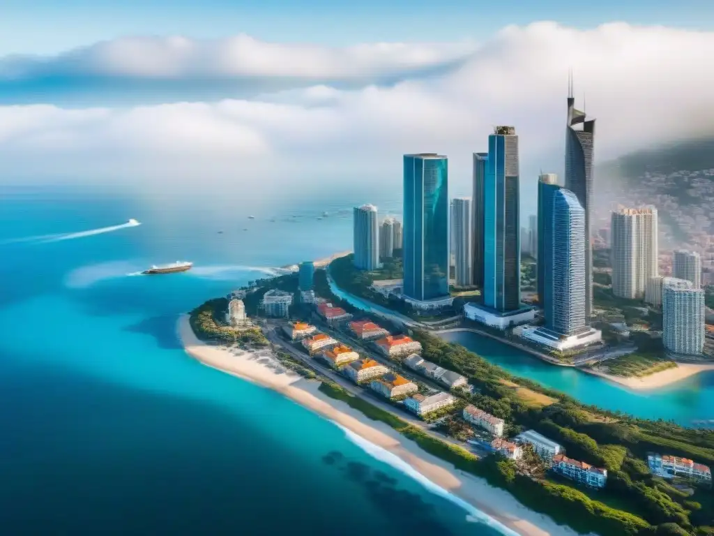 Blockchain transparente: Avance tecnológico en ciudad costera Un paisaje costero con rascacielos modernos y olas azules, integrando transacciones inmobiliarias costeras blockchain