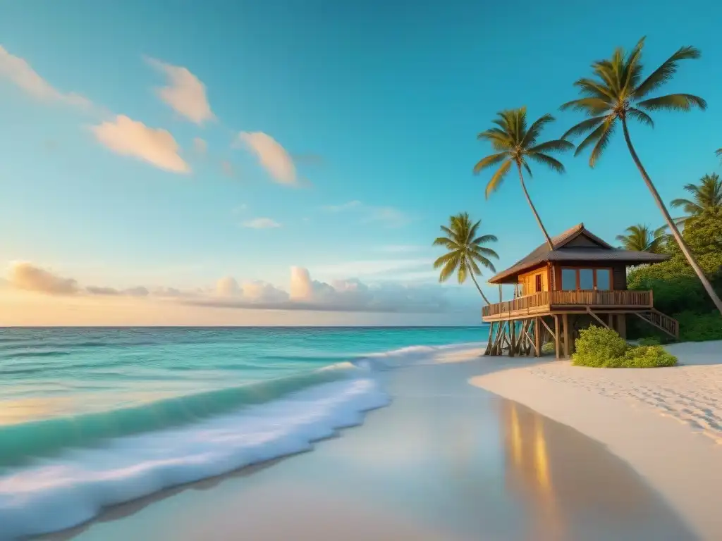 Paraíso sereno: Playa tropical al atardecer con aguas turquesas y palmeras Paisaje costero seguro con casas frente mar tsunamis: playa serena, aguas turquesas y palmeras al atardecer
