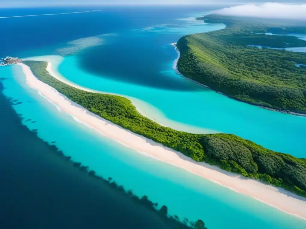 Propiedad costera protegida: defensas marinas y belleza natural Paisaje costero con seguros para propiedades costeras: defensas marinas y naturaleza exuberante frente al mar turquesa