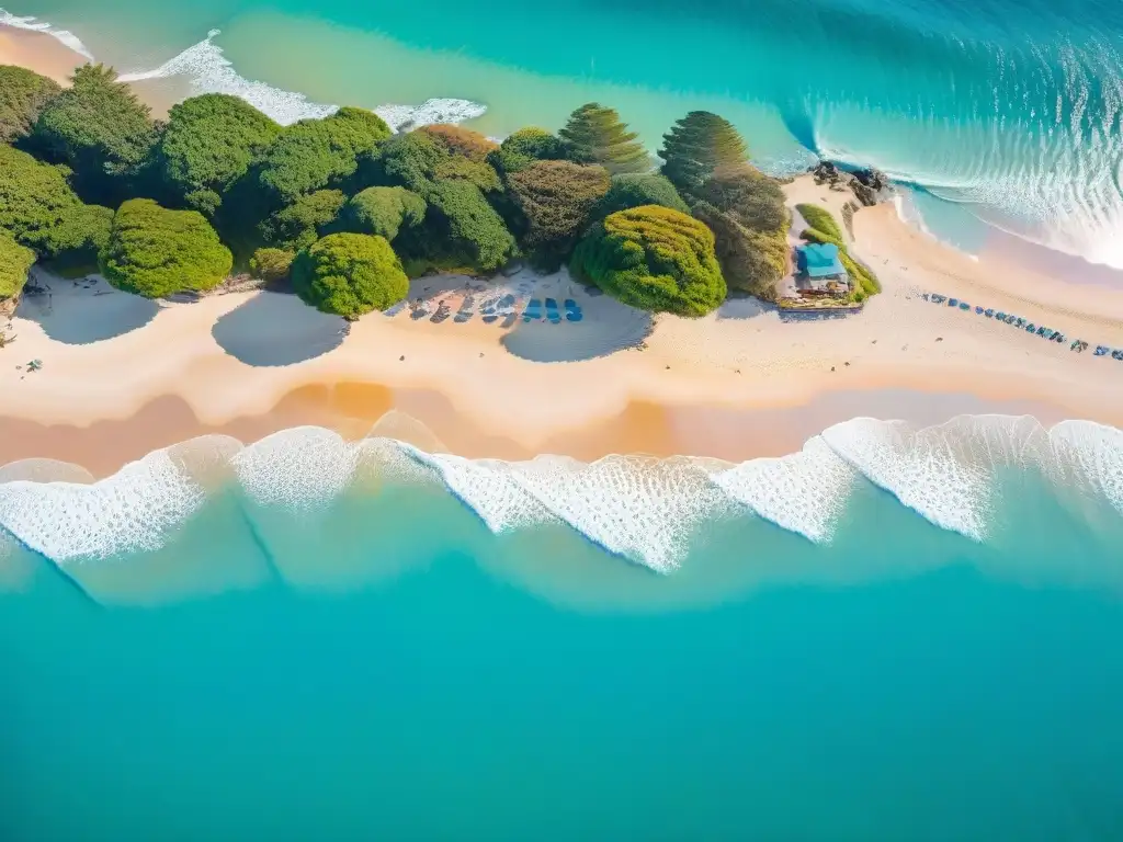 Paraíso costero: playas doradas y aguas turquesas Un paisaje costero sereno con aguas turquesas y sombrillas vibrantes