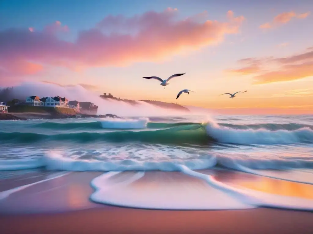 Amanecer sereno en la costa: playas coloridas y gaviotas Paisaje costero sereno al amanecer con alertas personalizadas propiedades costeras