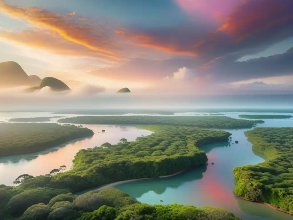 Paisaje costero al atardecer: vida salvaje y protección ambiental Paisaje costero sereno al atardecer con manglares verdes y vida silvestre diversa