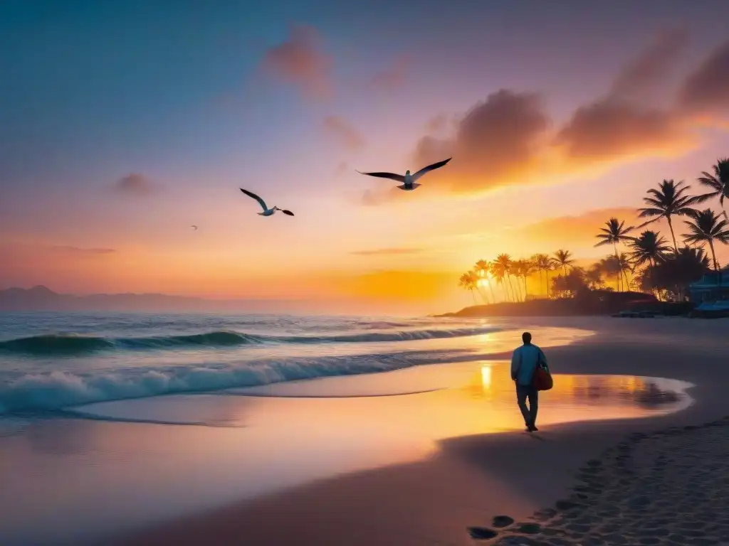 Escena costera al atardecer: serenidad y belleza Un paisaje costero sereno al atardecer con olas suaves, gaviotas en el cielo y una propiedad junto a palmeras