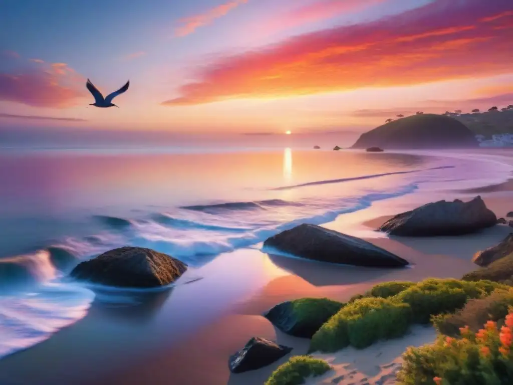 Paisaje costero al atardecer: conexión con la naturaleza Un paisaje costero sereno al atardecer con tonos vibrantes de naranja y rosa en el cielo