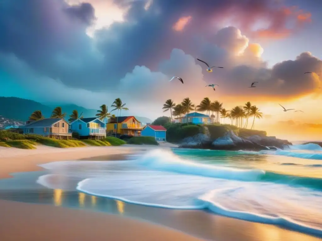 Paisaje costero al amanecer: casas coloridas, palmeras y gaviotas Paisaje costero sereno con casas coloridas, palmeras y gaviotas al amanecer