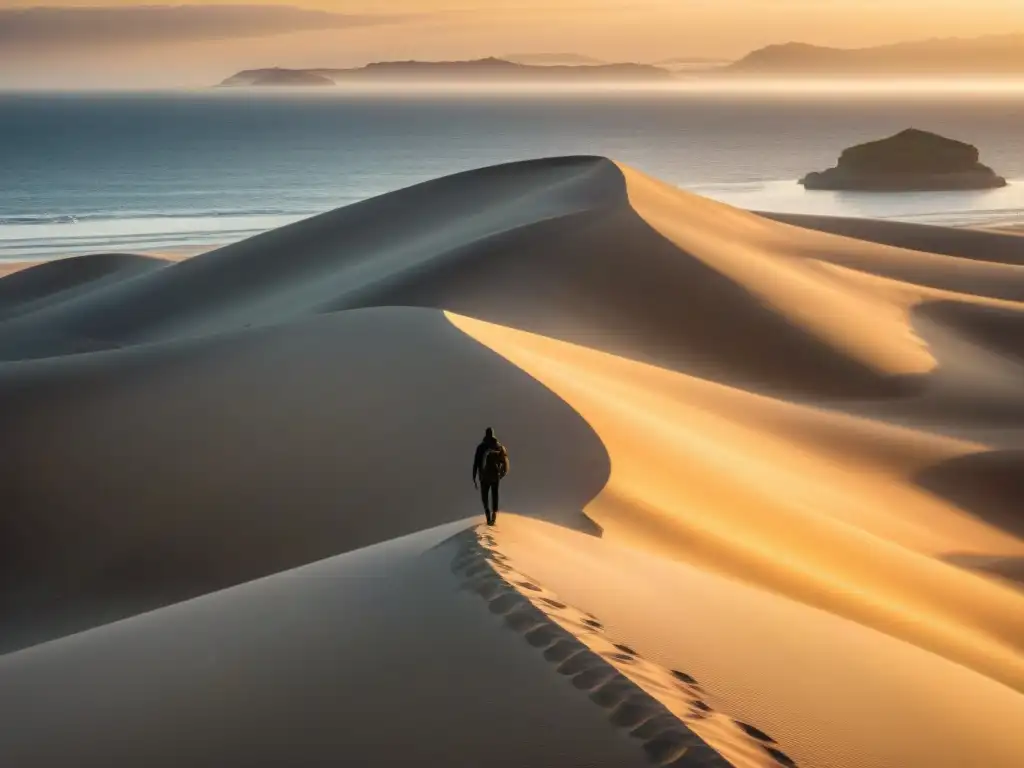 Amanecer dorado: escalada épica en dunas costeras Un paisaje costero sereno iluminado por la hora dorada, donde alguien escala dunas con determinación y gracia