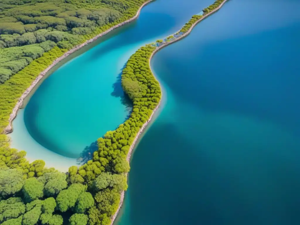Armonía costera: ecosistema sostenible en redes acuáticas Un paisaje costero sostenible con redes de humedales, manglares y estructuras marinas