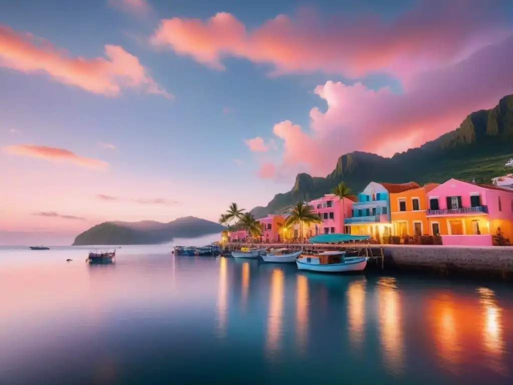 Pintoresco pueblo costero al amanecer: serenidad y color pastel Paisaje costero tranquilo al amanecer con colores pastel y botes de pesca