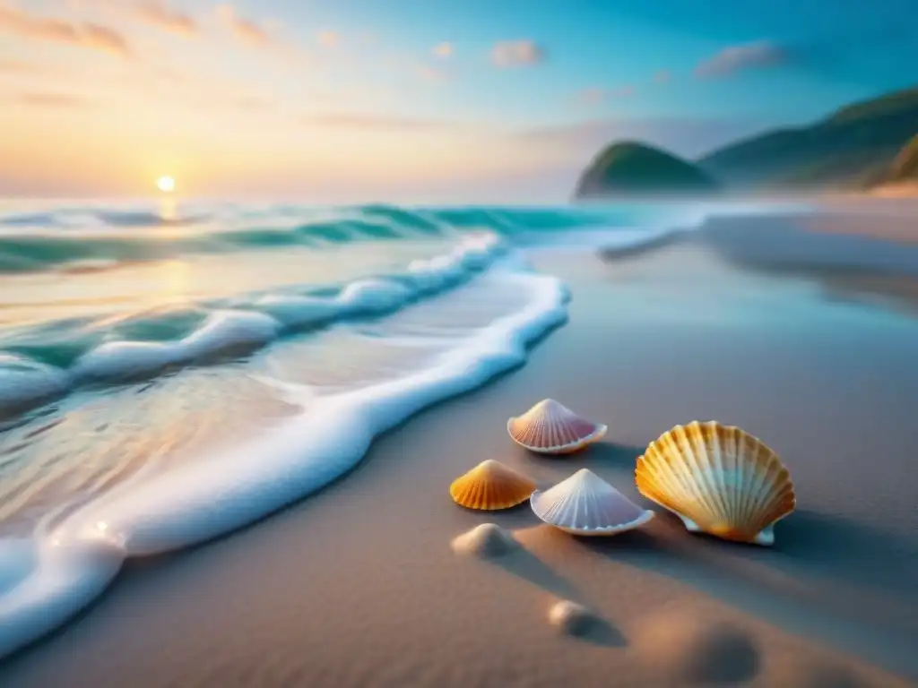 Amanecer sereno en la costa: olas suaves, conchas coloridas y gaviotas en un cielo pastel Paisaje costero tranquilo al amanecer con olas suaves, conchas coloridas y gaviotas en el cielo pastel