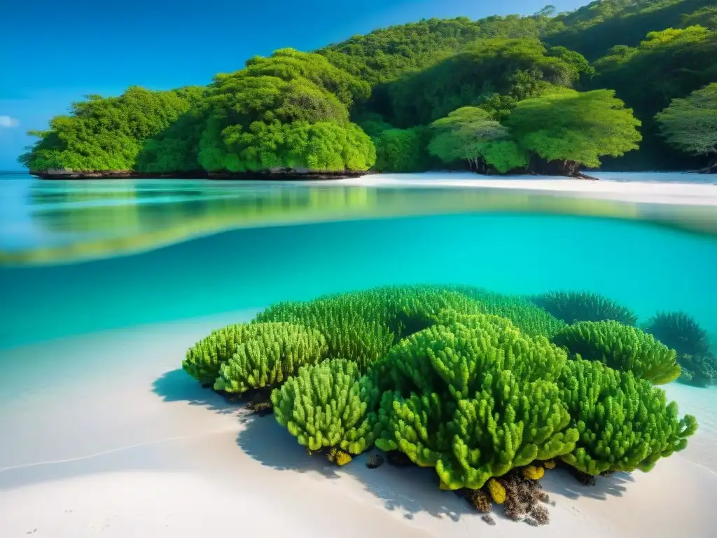 Paraíso costero: arrecife de coral vibrante y aguas turquesas Paisaje costero vibrante con arrecife de coral, peces coloridos, aguas turquesas y manglares