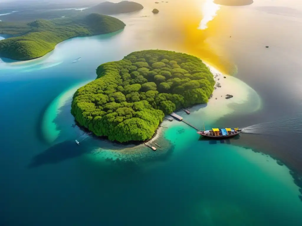 Armonía costera: naturaleza, humanidad y conservación Un paisaje costero vibrante con manglares, botes de pesca y una ciudad integrada en la naturaleza
