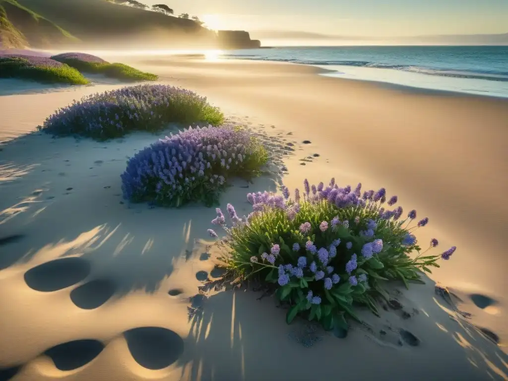 Vegetación costera diversa y vibrante: maravillas del litoral Un paisaje costero vibrante con plantas para jardines costeros en una playa soleada y tranquila